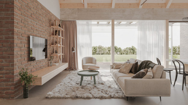 Návrh obývačky v škandinávskom dizajne. Tehlová stena s betónovým podlahou vyzdvihuje mäkkosť nábytkov a doplnkov.