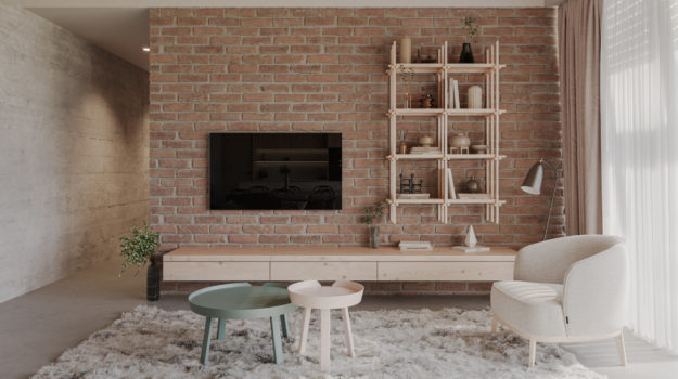 Návrh obývacej izby rodinného domu. Tehlová stena v kombinácii s betónovým povrchom a útulným škandinávskym dizajnom.