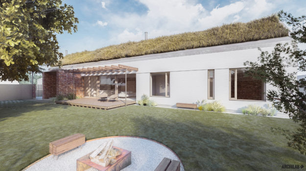 Návrh konopného domu s bielou fasádou, zelenou sedlovou strechou a romantickou drevenou terasou