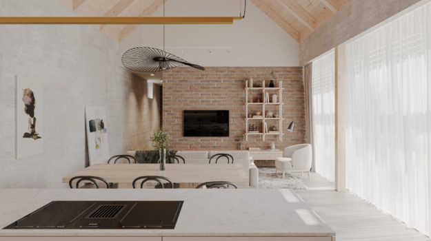 Návrh a realizácia interiéru rodinného domu vo Veľkom Bieli. Svetlé materiály v kombinácii s tehlovou stenou.