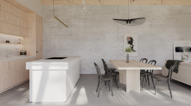Návrh kuchyne v pasívnom dome. Svetlá drevená kuchyňa s bielym ostrovom a modernou jedálňou.