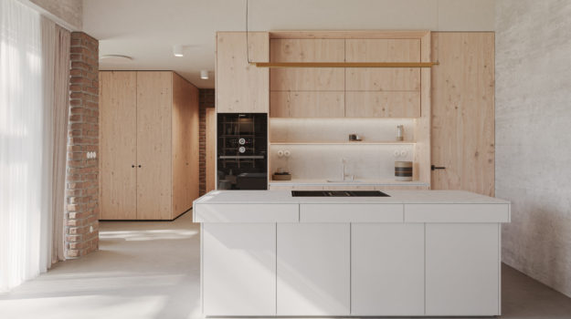 Úchvatný dizajn kuchyne v minimalistickom priestore rodinného domu. Drevenú vysokú časť dopĺňa biely kuchynský ostrov.