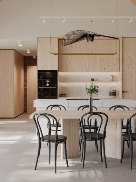Škandinávsky interiér ekologického rodinného domu s prírodnými povrchmi a s úchvatnou drevenou kuchyňou.