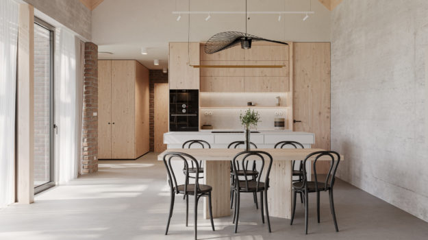 Škandinávsky interiér ekologického rodinného domu s prírodnými povrchmi a s úchvatnou drevenou kuchyňou.