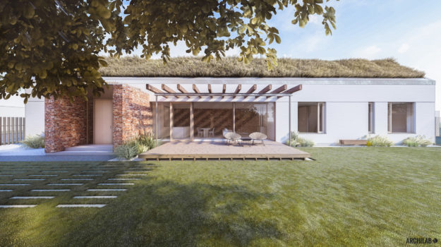 Návrh ekologického domu so zelenou strechou a repasovanými tehlami. Moderný konopný dom s dokonalou drevenou terasou.