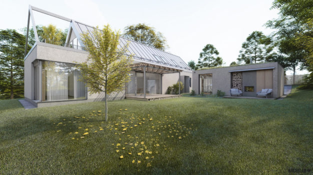 návrh priestranného pasívneho domu od architekta s pieskovou omietkou a drevenou terasou s exteriérovým krbom v Marianke