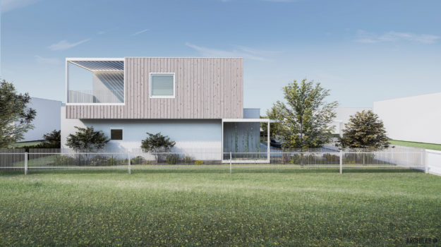 dizajnový rodinný dom v Miloslavove s veľkými oknami s čistými líniami a drevenou fasádou
