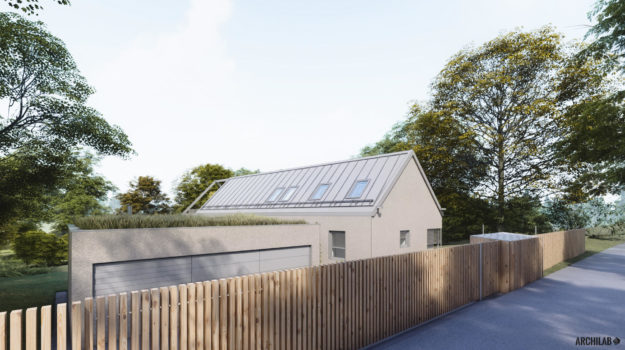 návrh domu so sedlovou strechou a garážou so zelenou strechou s dreveným oplotením v Marianke, pohľad z ulice