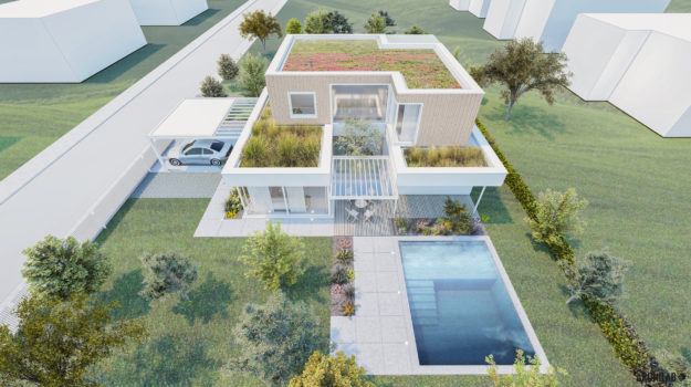 návrh dvojpodlažného rodinného domu v Miloslavove so zelenými extenzívnymi strechami a bazénom, pohľad z nadhľadu