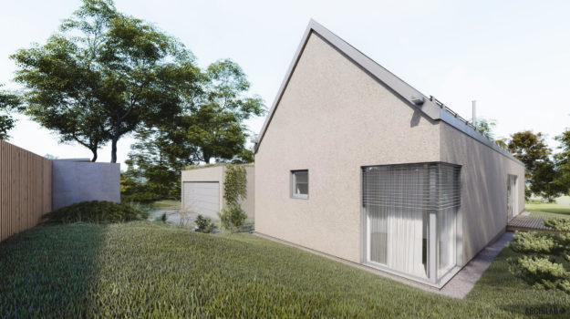 návrh domu od architekta s garážou, Marianka, rohové okno, sedlová strecha