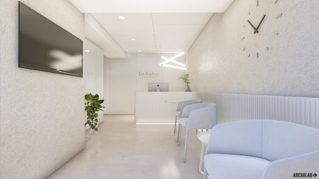 interiér recepcie zubnej ambulancie v Ružinove v nadčasových bielošedých odtieňoch a povrchových štruktúrach