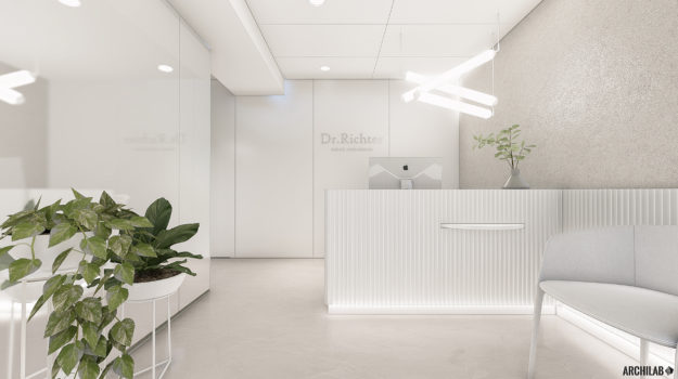 návrh interiéru recepcie zubnej ambulancie v Ružinove v nadčasových bielošedých odtieňoch s dizajnovým svietidlom Brokis