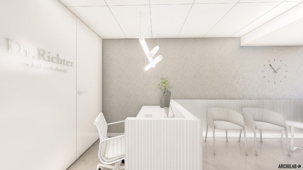 návrh interiéru recepcie zubnej ambulancie v Ružinove s dizajnovým svietidlom od Brokis