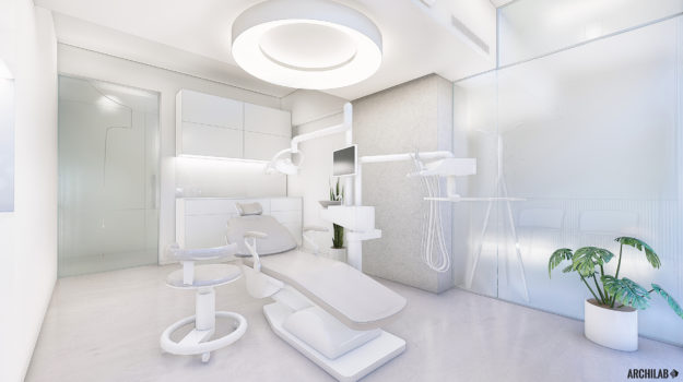 návrh interiéru zubnej ambulancie v Ružinove s presklenými stenami, zubárskym kreslom a dizajnovým kruhovým svietidlom
