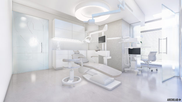 návrh interiéru zubnej ambulancie v Ružinove so sklenenými dverami a zubárskym kreslom v bielosivých odtieňoch