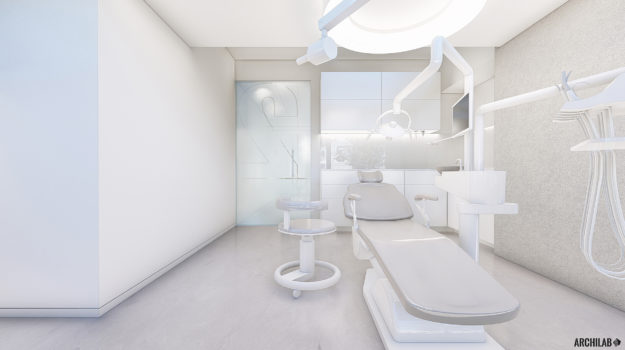 návrh interiéru zubnej ordinácie so sklenenými dverami a zubárskym kreslom v bielosivých odtieňoch