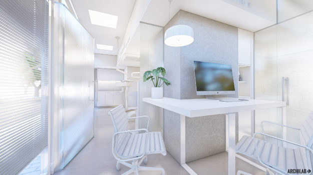 návrh interiéru zubnej ambulancie v Ružinove s konzultačnou miestnosťou v bielosivých odtieňoch