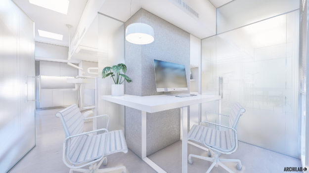 návrh interiéru zubnej ambulancie v Ružinove s konzultačnou miestnosťou v bielosivých odtieňoch